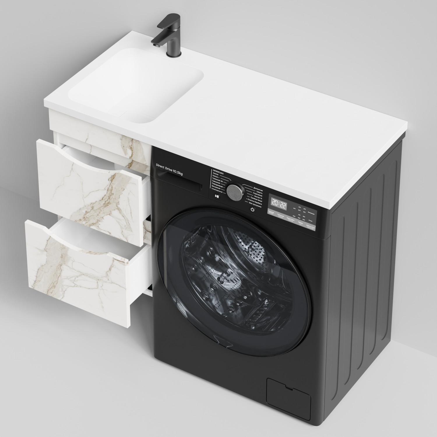 Тумба Vod-ok 38 с раковиной Смайл 100 подвесная, под стиральную машину, левая, Мрамор Белый натур милк