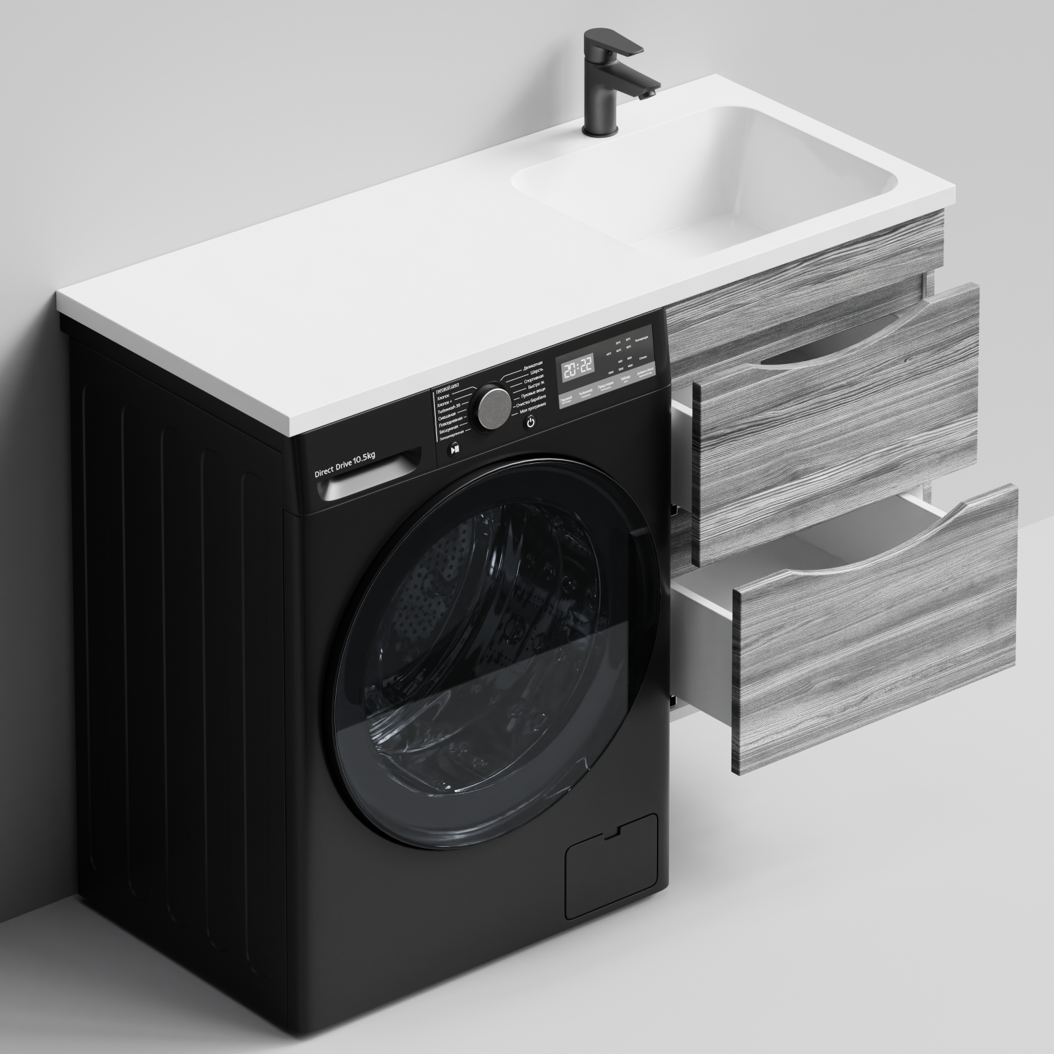 Тумба Vod-ok 48 с раковиной Смайл 110 подвесная, под стиральную машину, правая, Лиственница структурная контрастно-серая