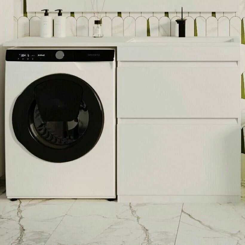 Тумба напольная Style Line Даллас 140 Люкс Plus ПВХ с раковиной Даллас 140 под стиральную машину, два ящика, правая, белая