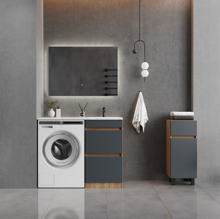 Тумба-комод Onika Милтон 40 напольный, серый/дуб сонома, с бельевой корзиной