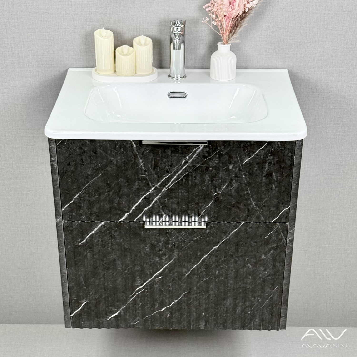Тумба подвесная Alavann Anna 60 с раковиной Rado 60, черный мрамор