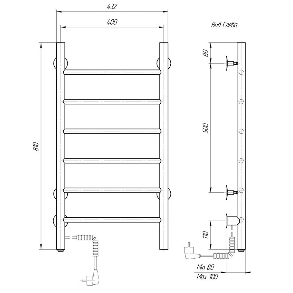 Полотенцесушитель электрический Domoterm Классик DMT 109-6 40х81 EK L левый, черный матовый