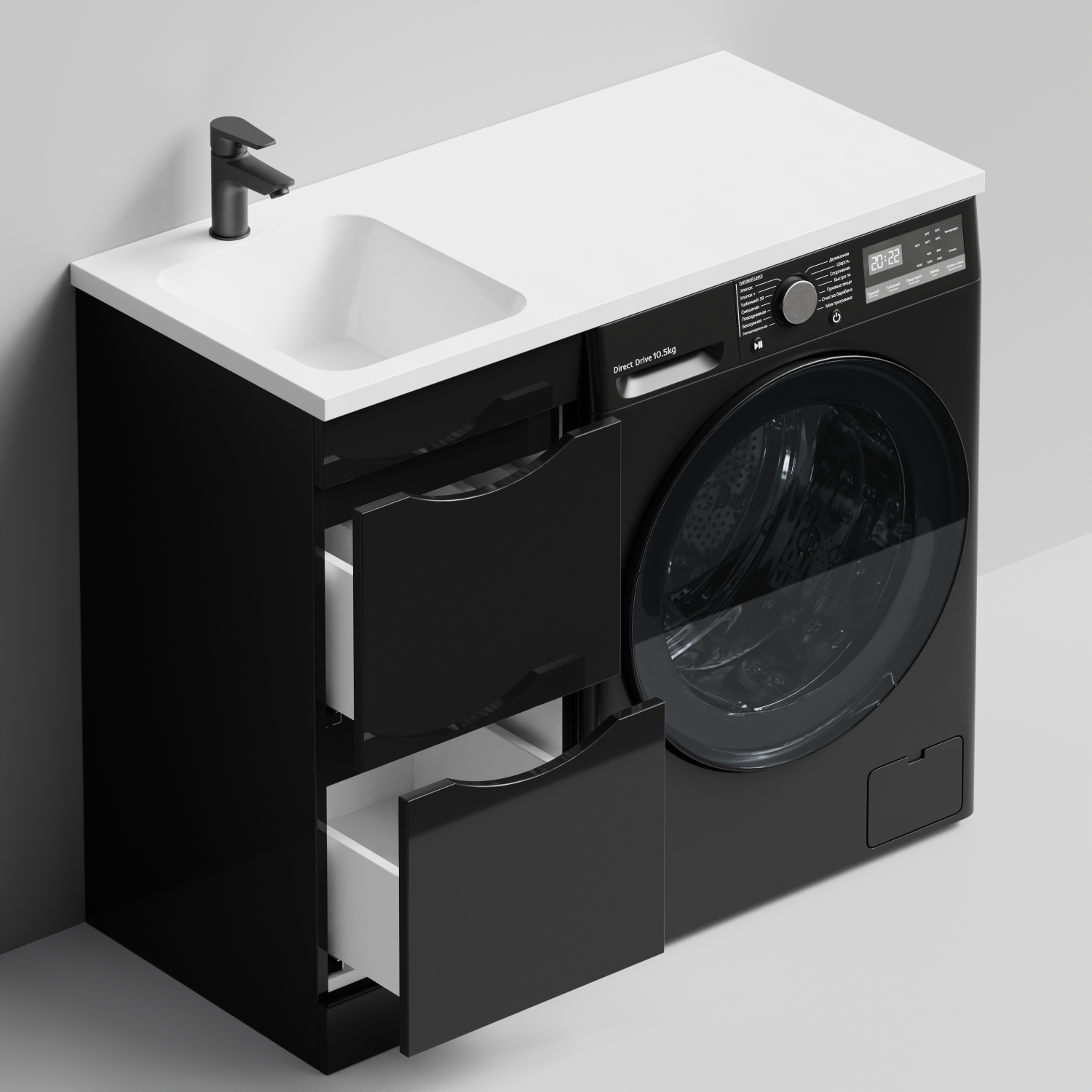 Тумба Vod-ok 38 с раковиной Смайл 100 напольная, под стиральную машину, левая, черный глянец