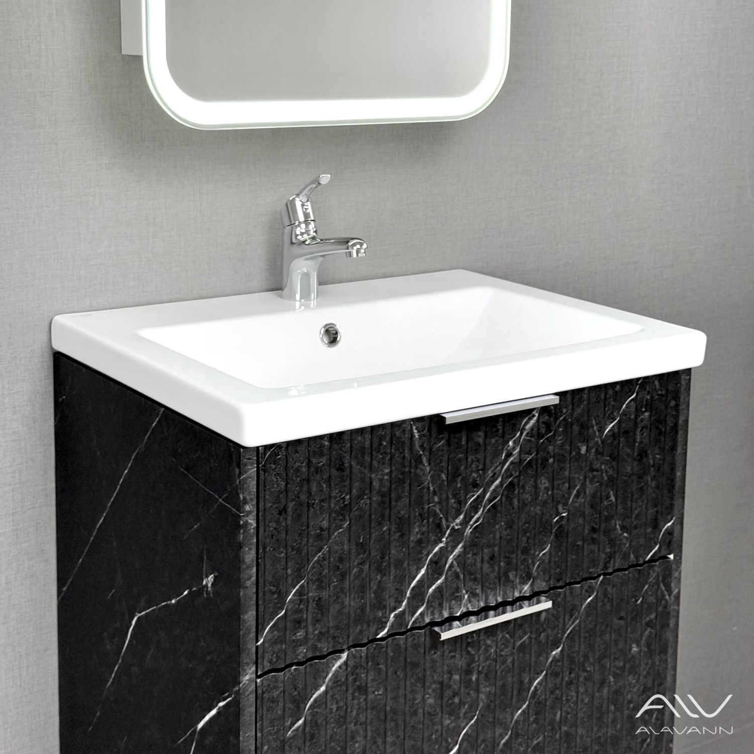 Тумба подвесная Alavann Anna 60 с раковиной Como 60, черный мрамор