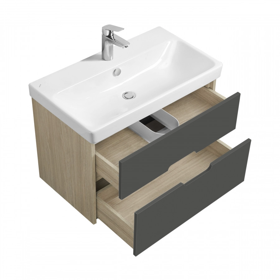 Тумба Aquaton Оливия 80 с раковиной Адриана 80 подвесная, 2 ящика, грей, дуб ойстер