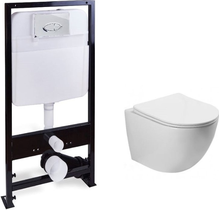 Унитаз подвесной SantiLine SL-5005+SL-01 с инсталляцией и кнопкой, белый