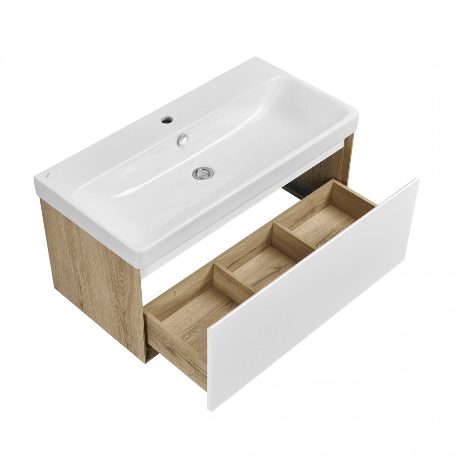 Тумба подвесная AQUATON Либерти 90, столешница белая, раковина Адриана 90, дуб эльвезия