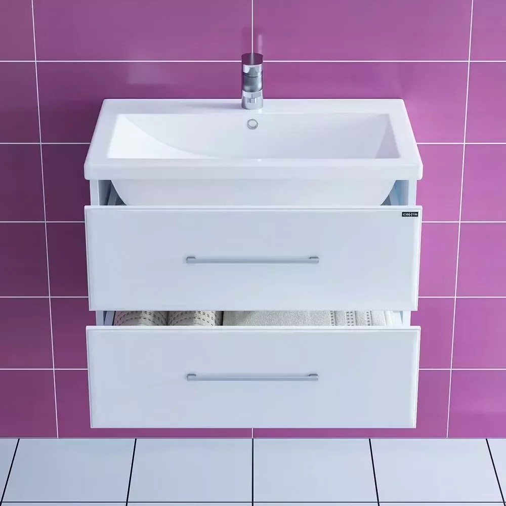 Тумба подвесная Санта Омега 70 с раковиной Фостер 70, 2 ящика, белая