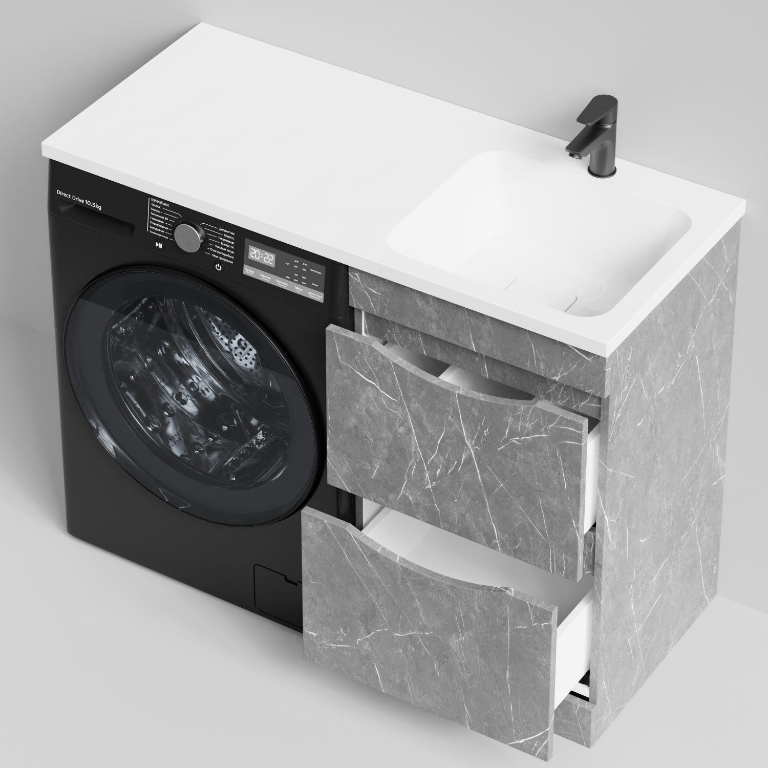 Тумба Vod-ok 48 с раковиной Смайл 110 напольная, под стиральную машину, правая, Мрамор Серый софт тач