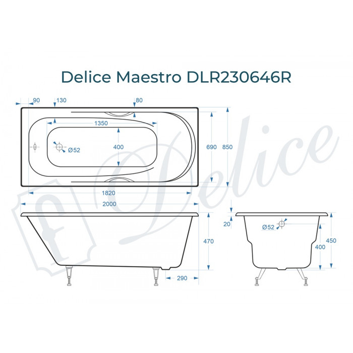 Ванна чугунная Delice Maestro 200х85 с отверстиями под ручки DLR230646R