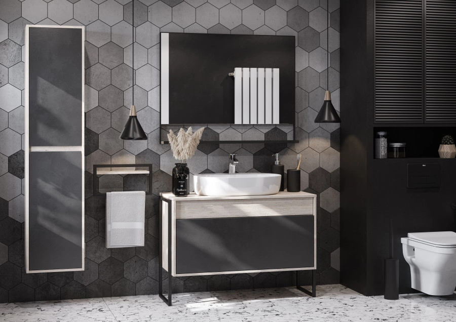 Тумба подвесная Aquaton Лофт Урбан 100 с раковиной Одри 42x62 Round, серый графит, дуб орегон