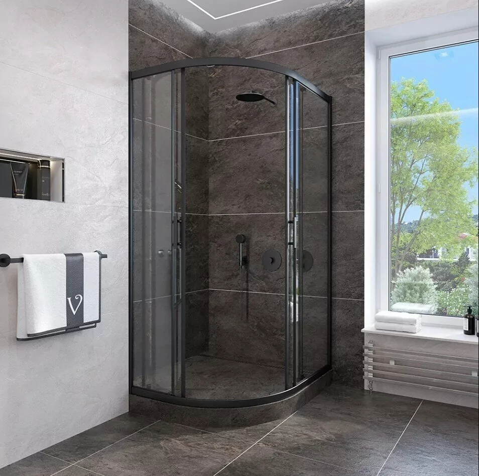 Душевой уголок Veconi RV107B-80-01-C4 80x80 полукруглый 1/4, без поддона, прозрачное стекло, черный матовый