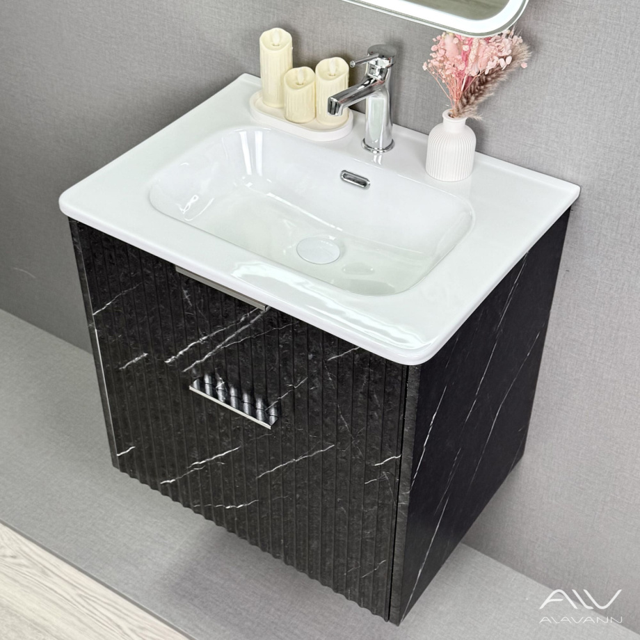 Тумба подвесная Alavann Anna 60 с раковиной Rado 60, черный мрамор