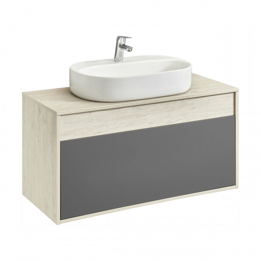 Тумба подвесная Aquaton Лофт Урбан 100 с раковиной Одри 42x62 Round, серый графит, дуб орегон