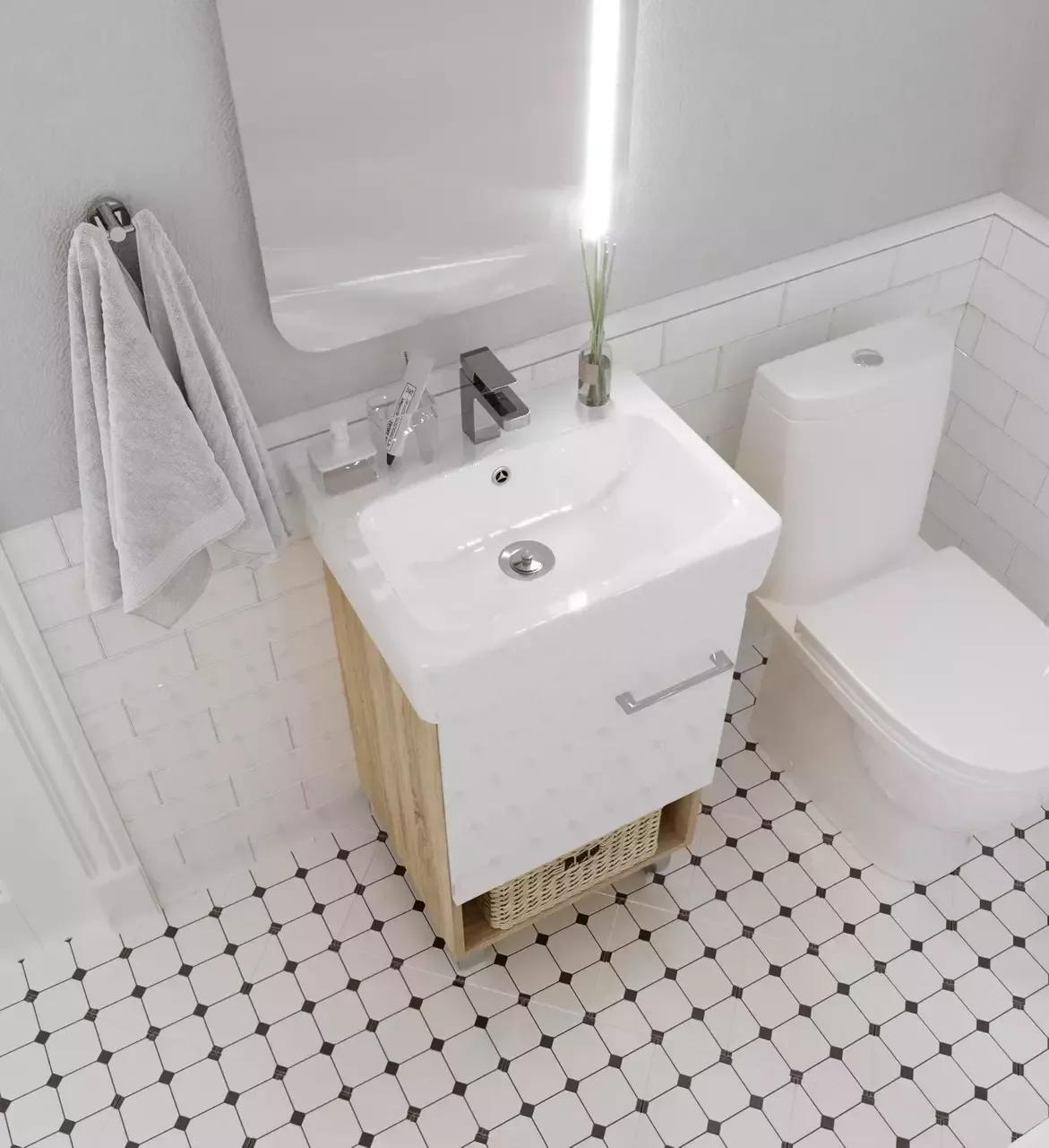 Тумба напольная 1Marka Tera 50Н с раковиной Нео 50, 1 дверь, белый/дуб сонома