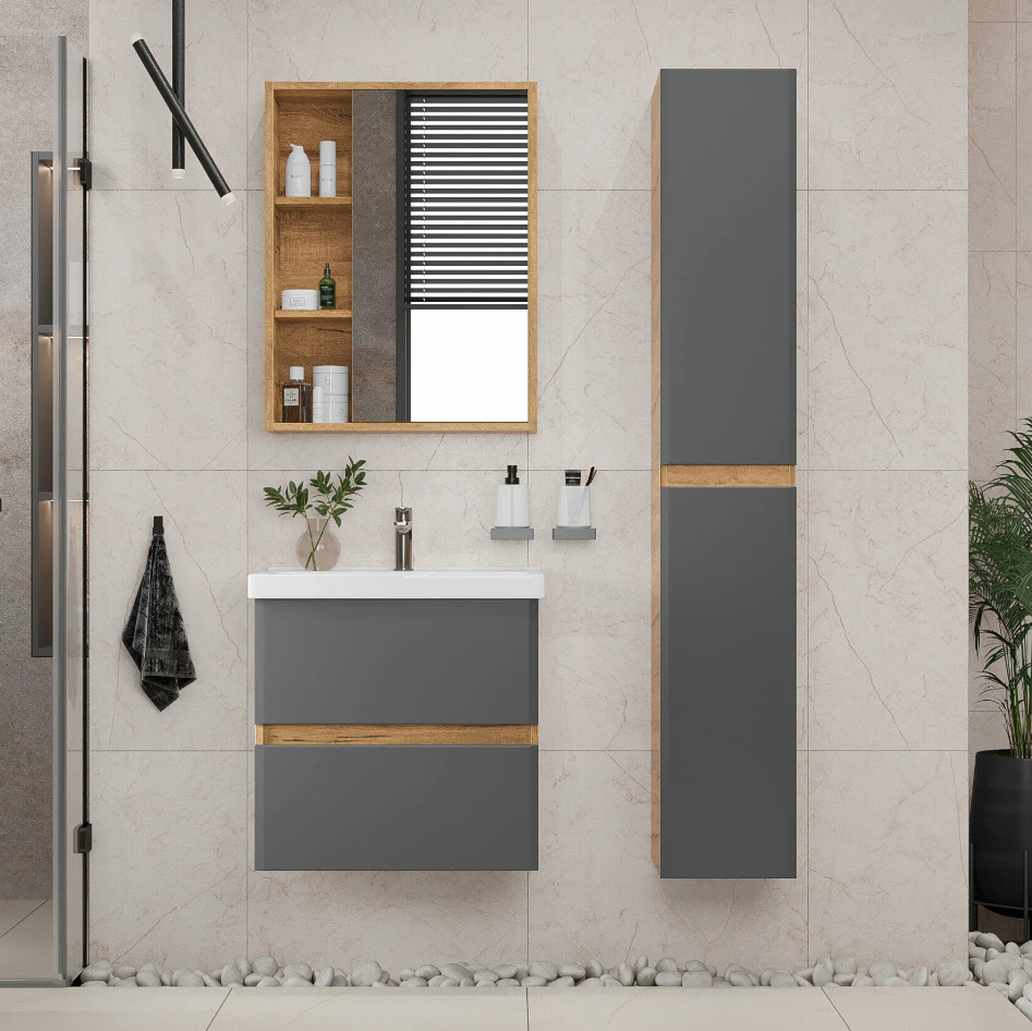 Тумба подвесная SanStar Graffa 60 с раковиной Фостер 60 Дуб вотан, графит софт