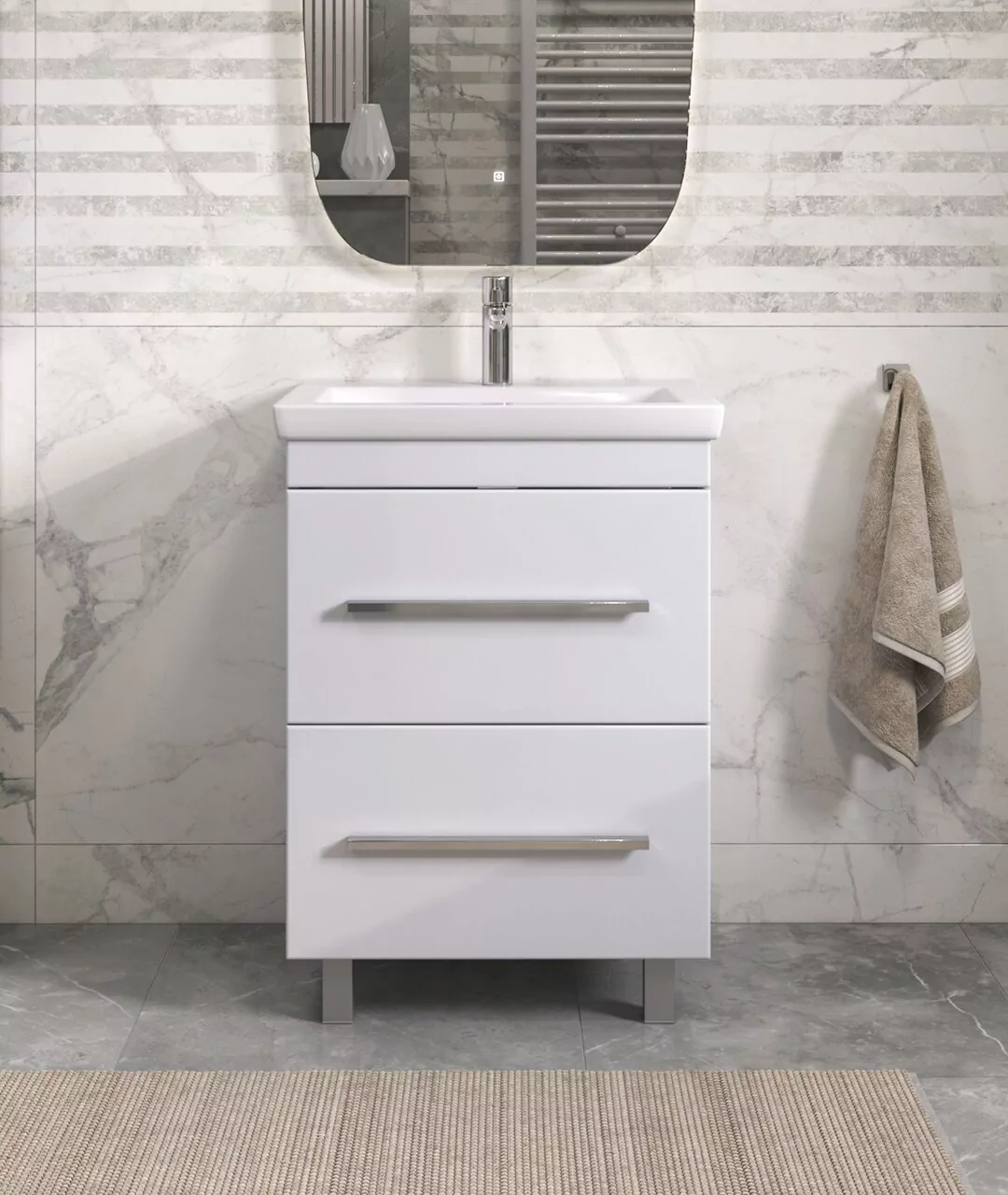 Тумба напольная Vigo Land 60 с раковиной Como 60, 2 ящика, белый