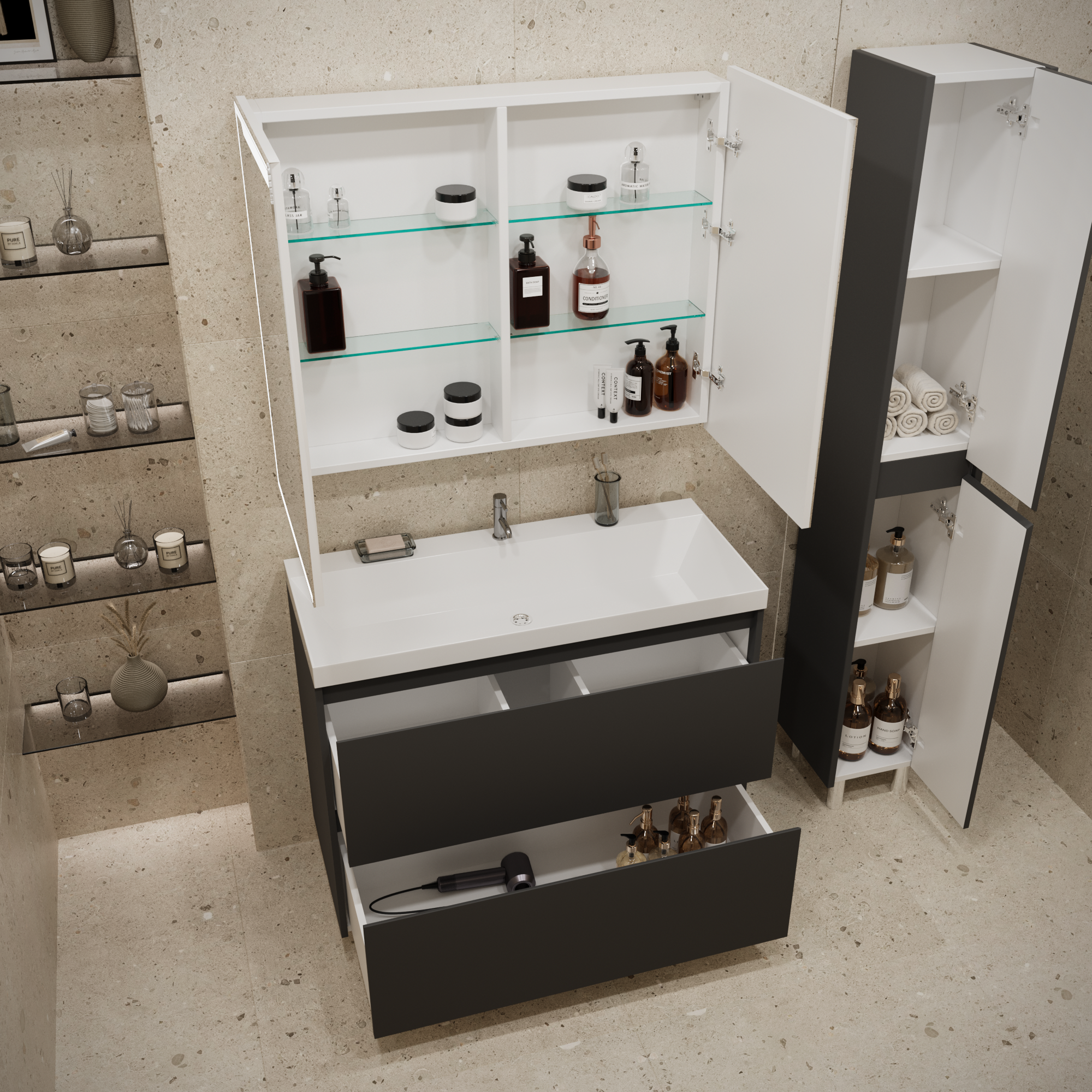 Тумба с раковиной Stella Polar Борнео 100, 2 ящ., Люкс, напольная, графит матовый