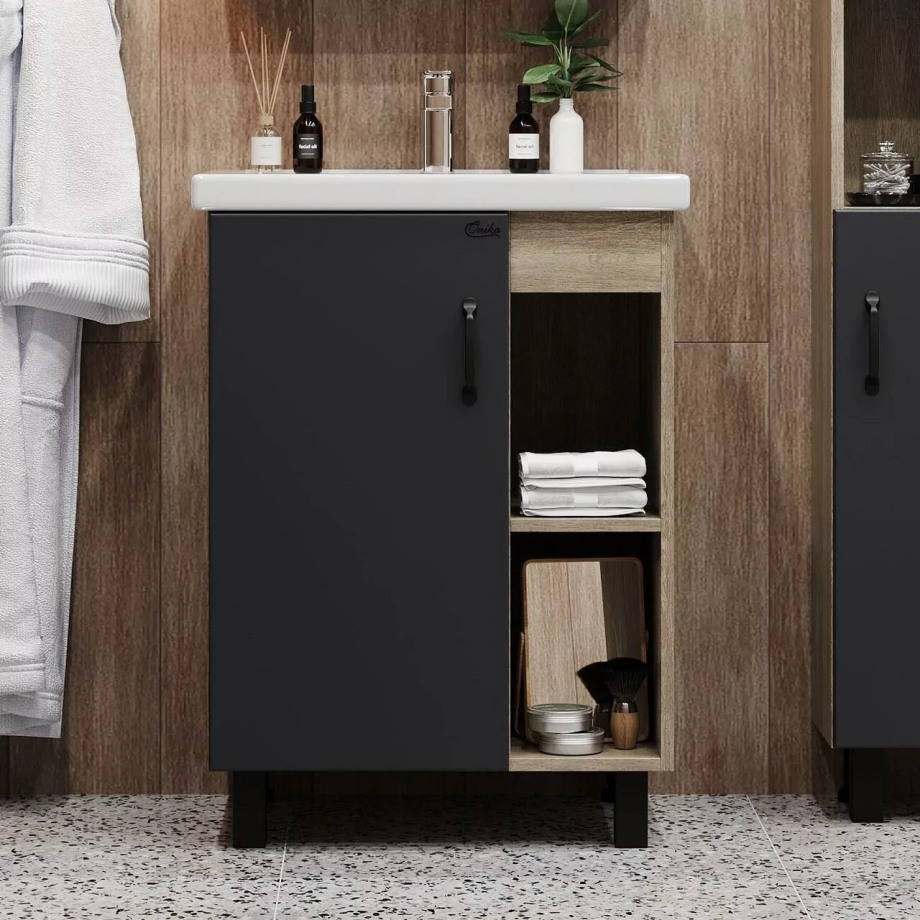 Тумба с раковиной Onika Тимбер 60 напольная, серый матовый/дуб сонома