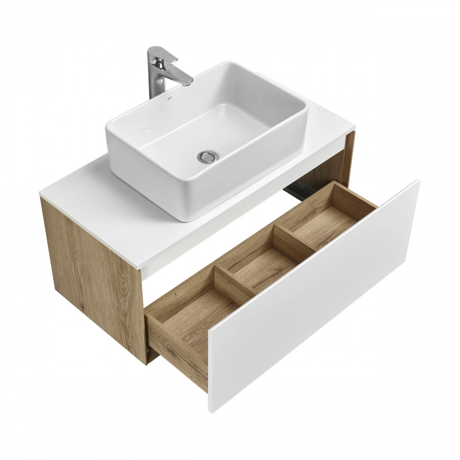 Тумба подвесная AQUATON Либерти 90, столешница белая, раковина MILA 50х35, дуб эльвезия