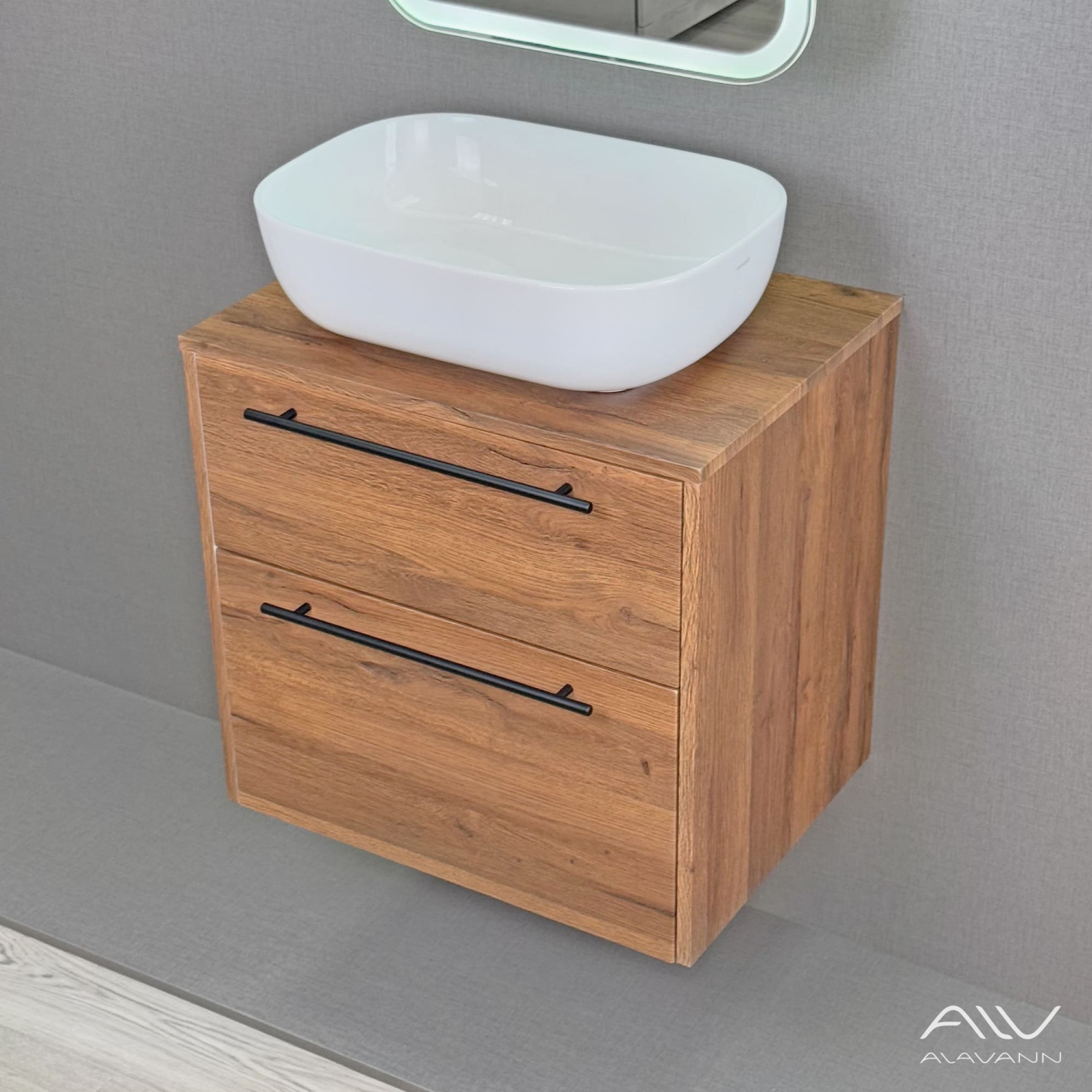 Тумба подвесная Alavann Rondo 60 с раковиной Moduo 50 SQUARE, дуб