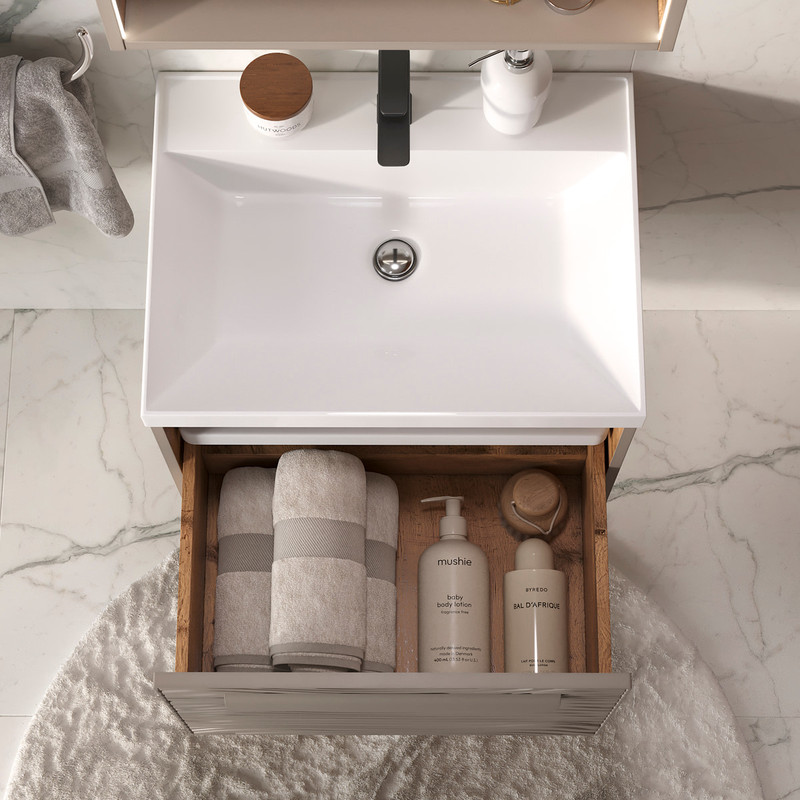 Тумба с раковиной EQUIL Gleam 60 подвесная, 1 ящик, амарок/дуб вотан