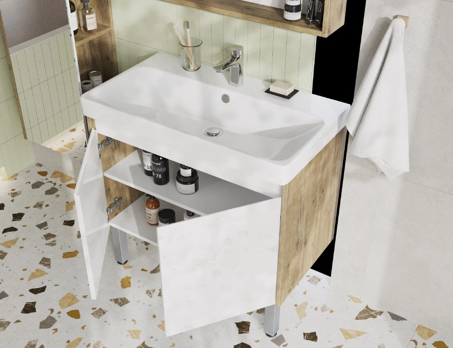 Тумба Aquaton Сканди Doors 80 с раковиной Адриана 80, 2 ящика, напольная, дуб рустикальный