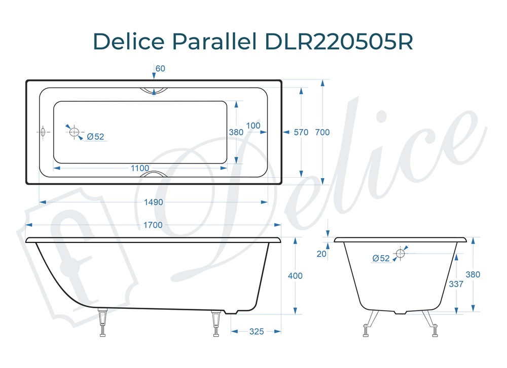 Ванна чугунная Delice Parallel 170х70 DLR220505R с ручками