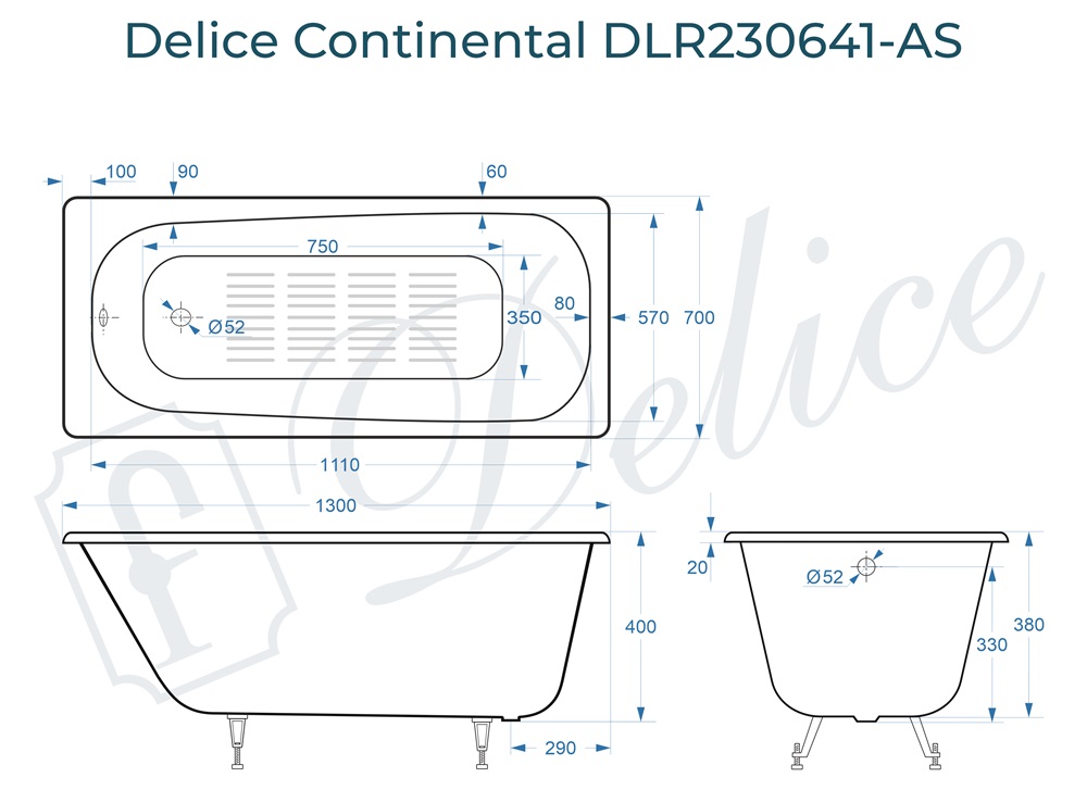 Ванна чугунная Delice Continental 130х70 DLR230641-AS с антискользящим покрытием