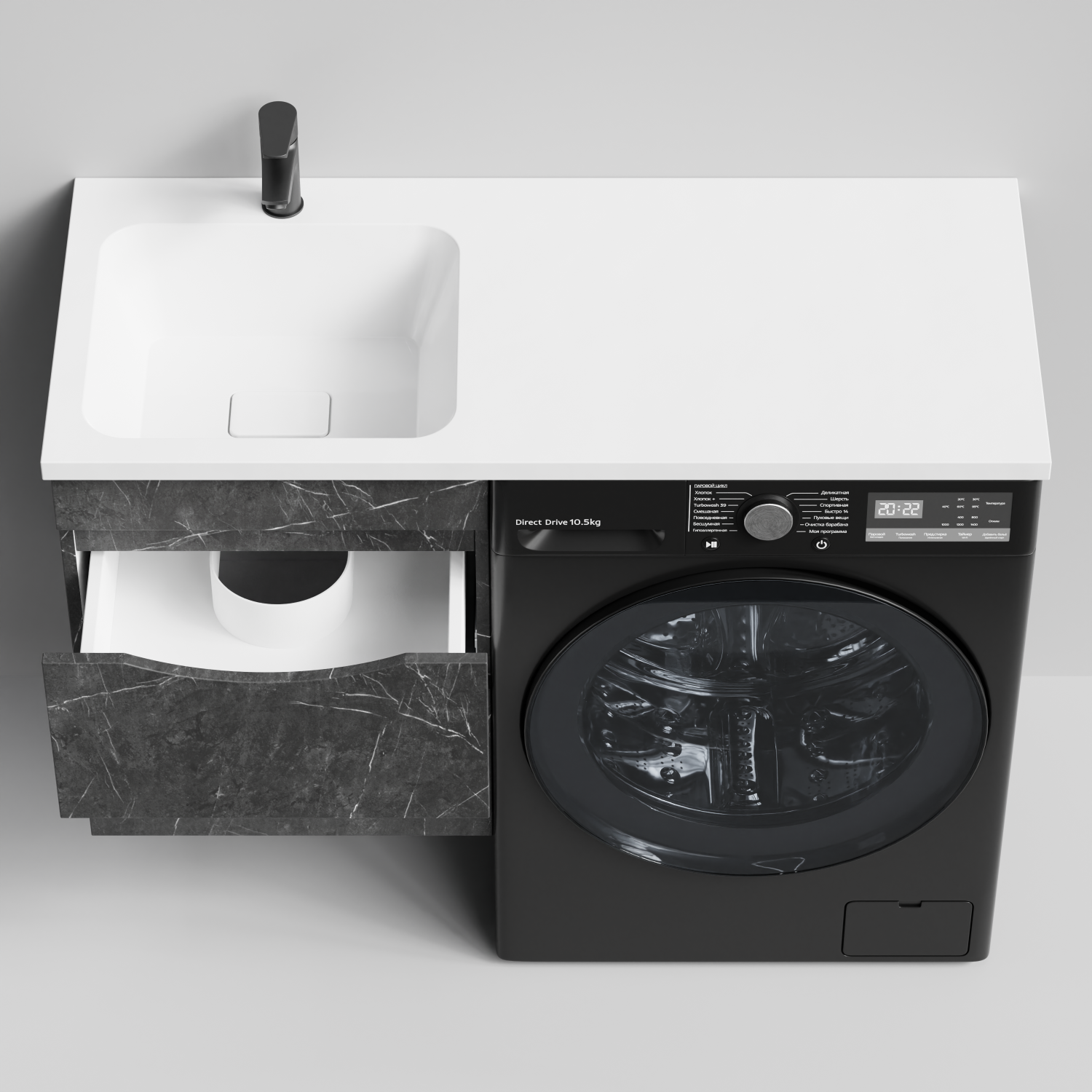 Тумба Vod-ok 48 с раковиной Смайл 110 подвесная, под стиральную машину, левая, Мрамор Графит софт тач