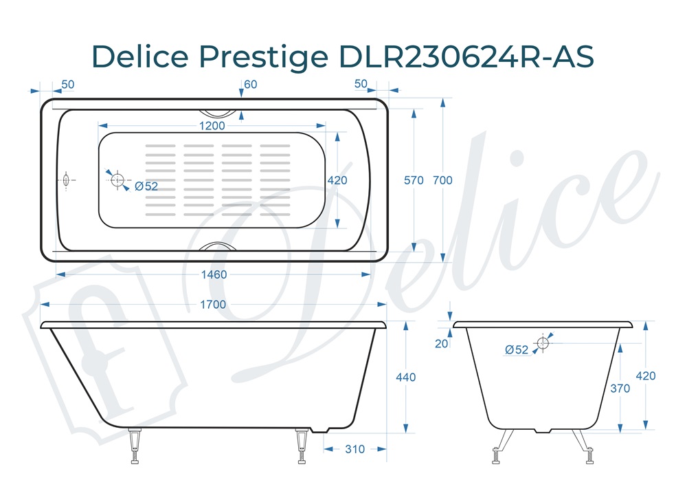Ванна чугунная Delice Prestige 170х70 DLR230624R-AS с отверстиями под ручки и антискользящим покрытием
