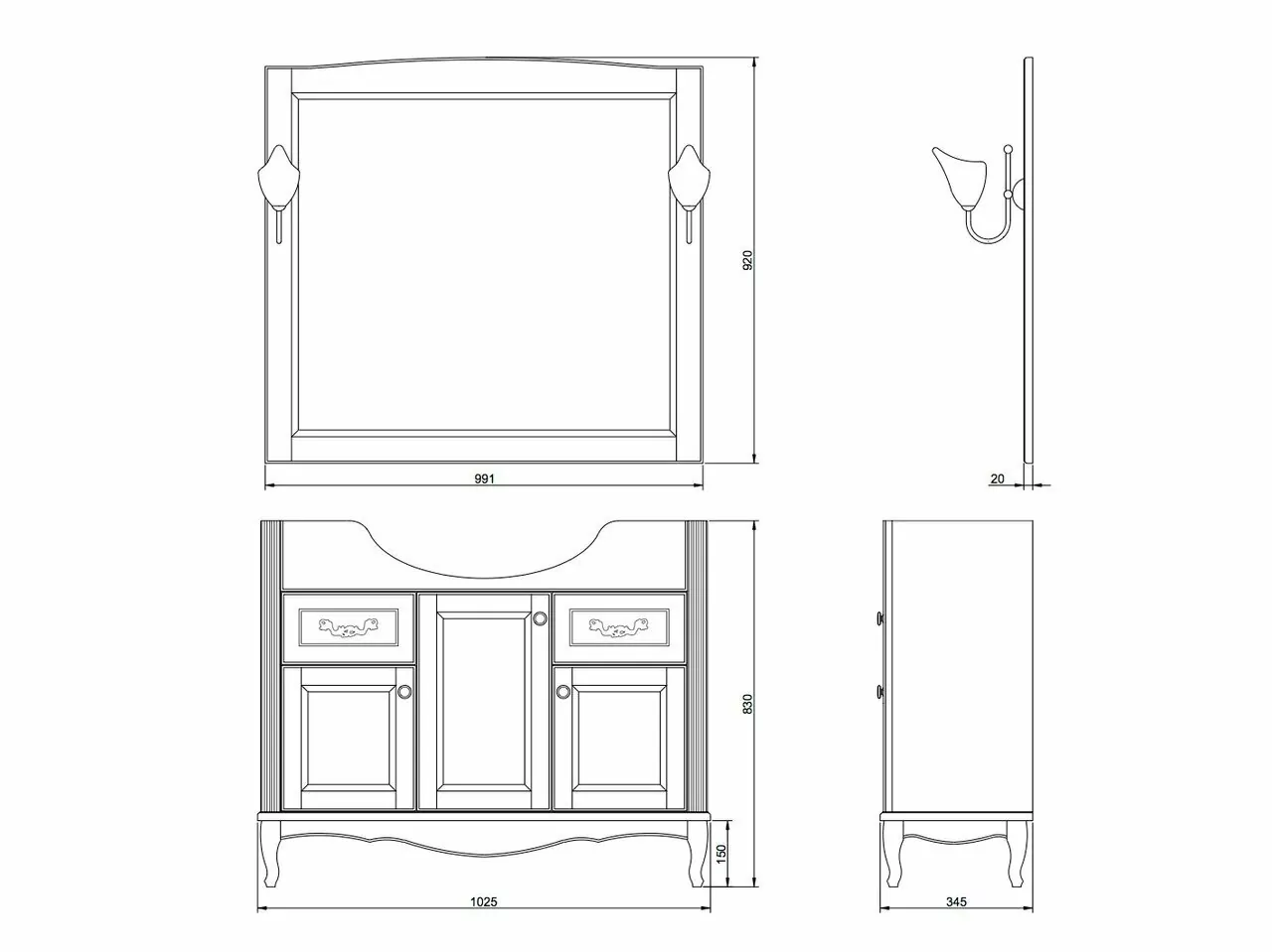 Тумба напольная ValenHouse Эллина 105 с раковиной Классик 105, 3 двери, 2 ящика, кальяри, хром Тумба напольная ValenHouse Эллина 105 с раковиной Классик 105, 3 двери, 2 ящика, кальяри, хром