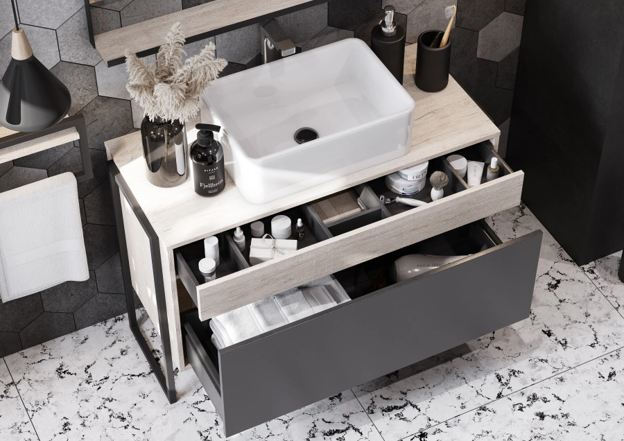 Тумба подвесная Aquaton Лофт Урбан 100 с раковиной Одри 42x62 Round, серый графит, дуб орегон