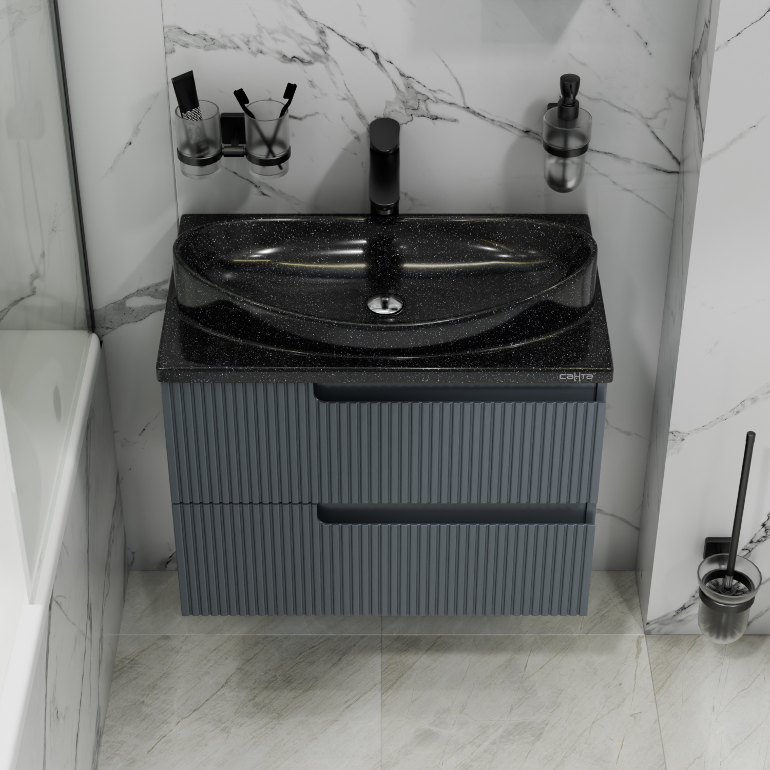 Тумба подвесная Санта Альтаир 70 с раковиной Вега 70, 2 ящика, графит матовый