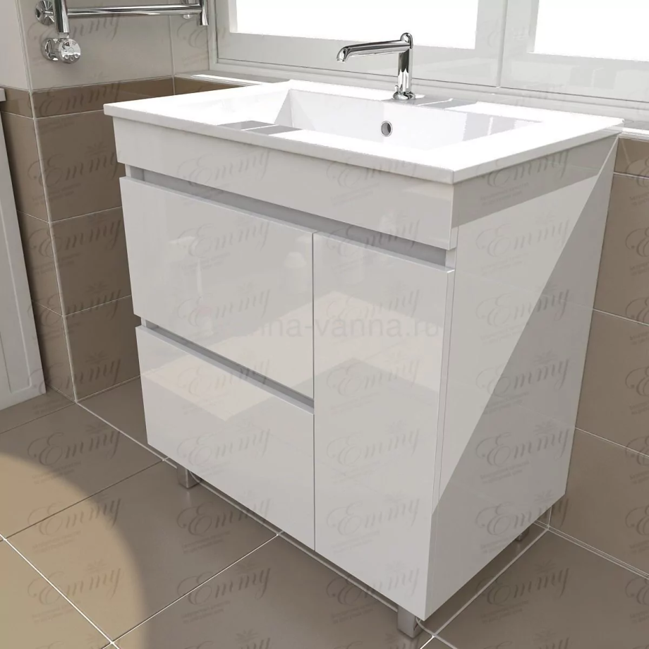 Тумба Emmy Джерси с раковиной Оскар 85 правая, напольная, 2 ящика, 1 дверь, белая