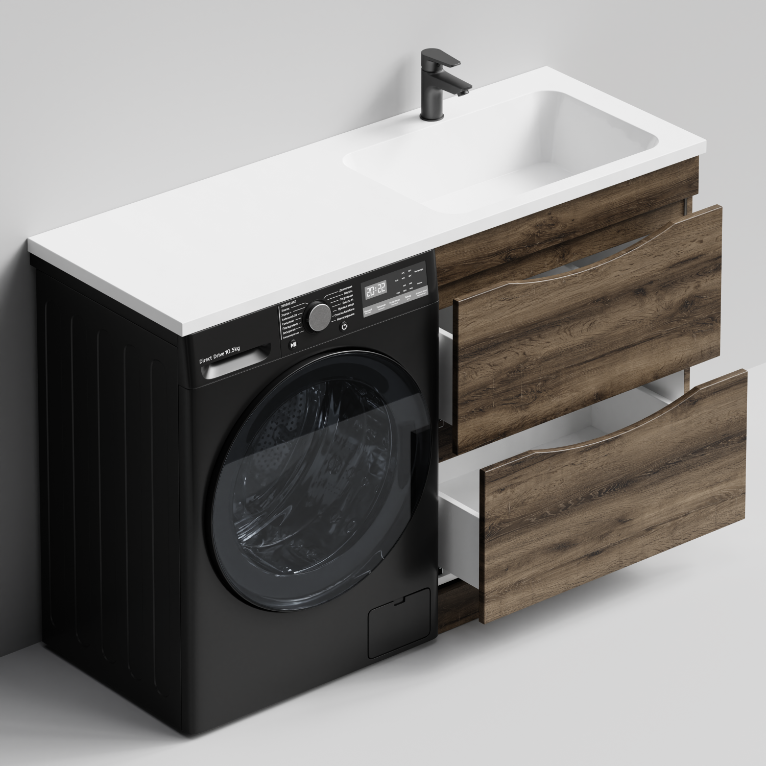 Тумба Vod-ok 68 с раковиной Смайл 130 напольная, под стиральную машину, правая, Дуб крымский коричневый