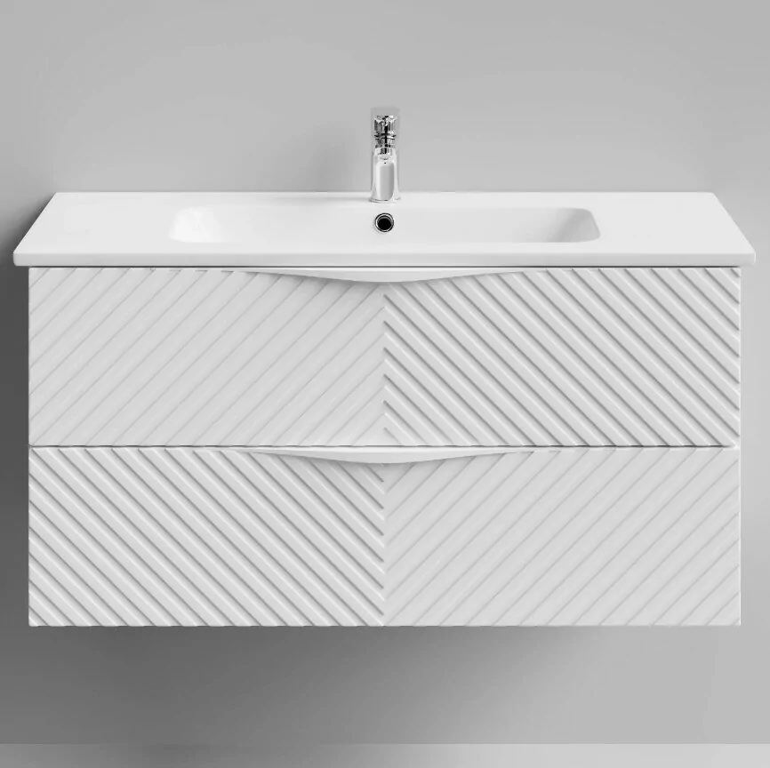 Тумба с раковиной Vod-ok Elite Эйфория 100 F4 елка крупная с ручкой, подвесная, два ящика, белый матовый