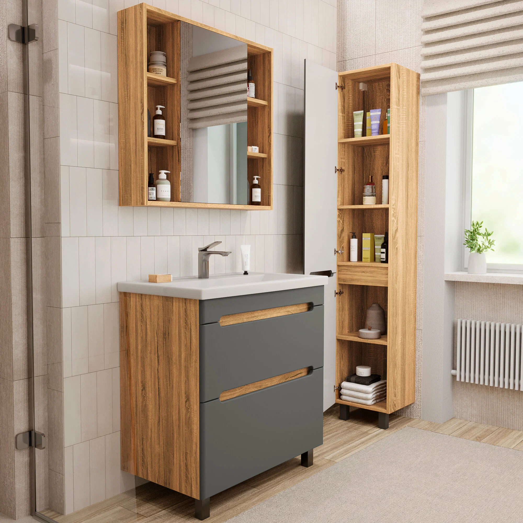 Тумба напольная SanStar Diva 80 с раковиной Como 80 Дуб вотан, графит софт