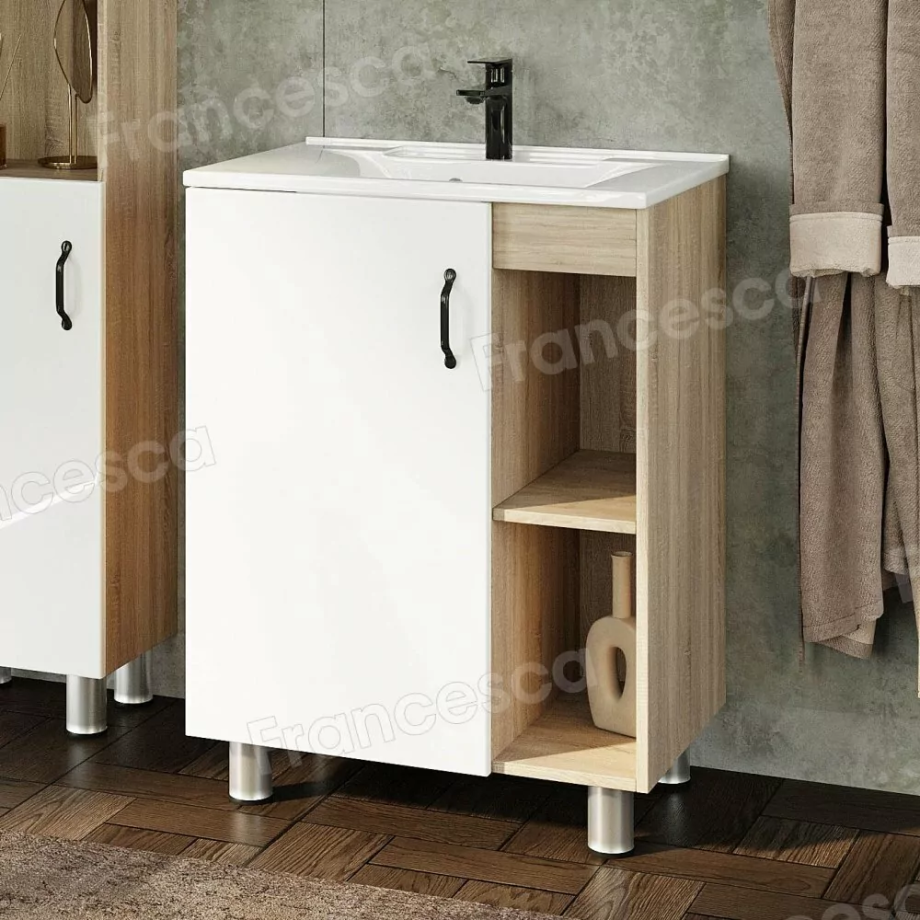 Тумба напольная Венеция Камилла 65 с раковиной Комфорт 65, белый/дуб сонома