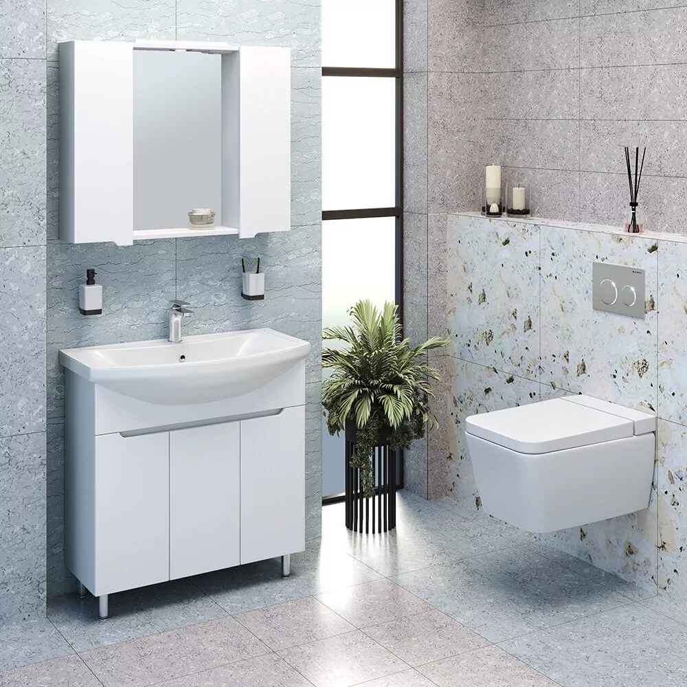 Тумба Emmy Агата с раковиной Балтика 80 напольная, 3 двери, белая