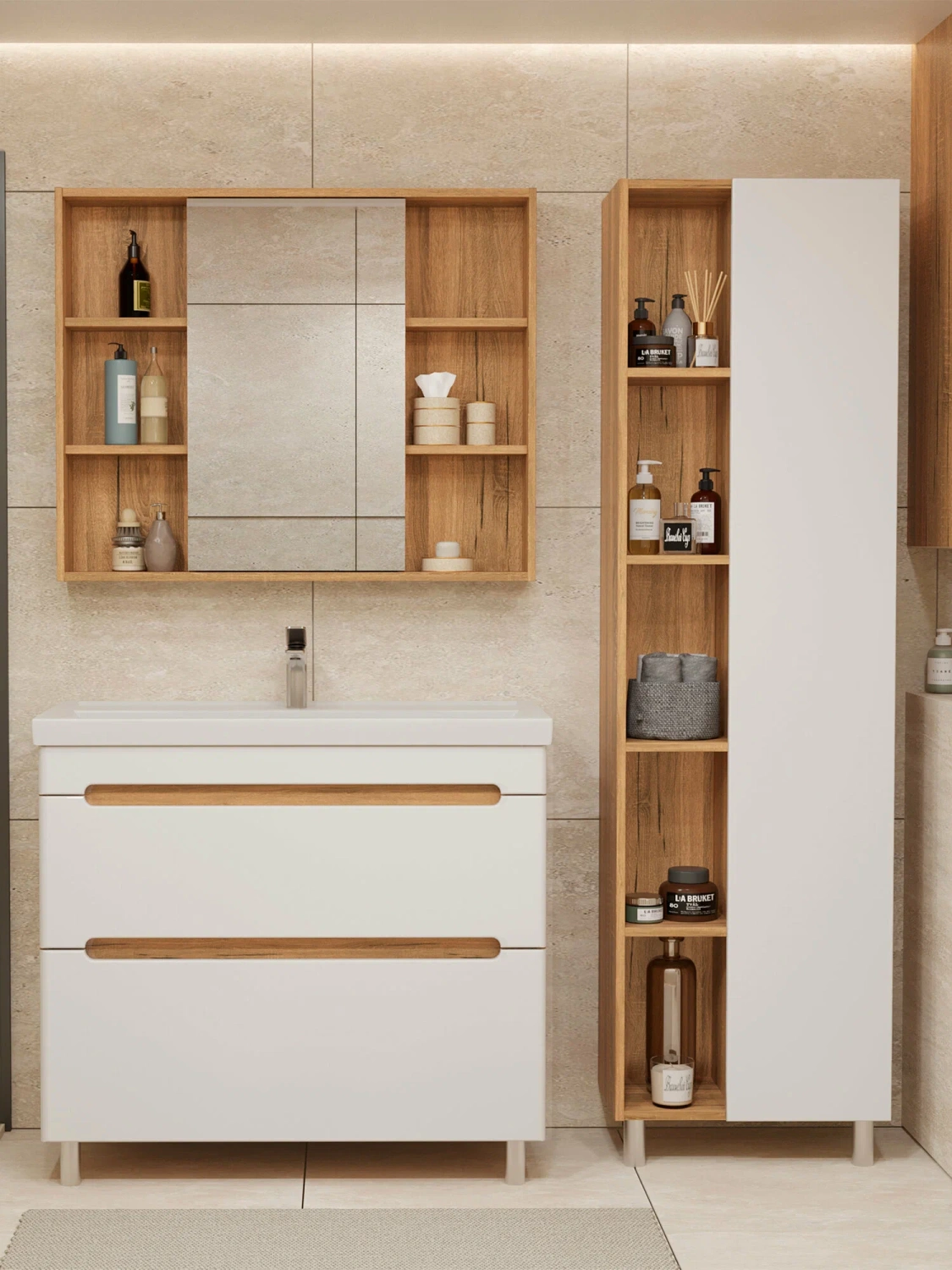 Тумба напольная SanStar Diva 100 с раковиной Фостер 100 белая, дуб вотан