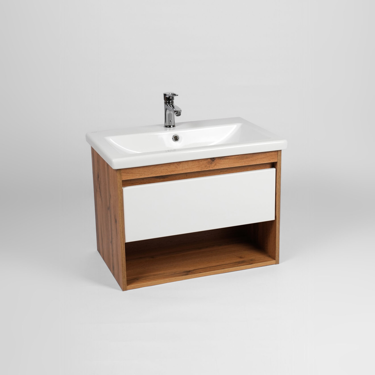 Тумба подвесная Viant Бостон 70 с раковиной Como 70, 1 ящик, белый/дуб вотан