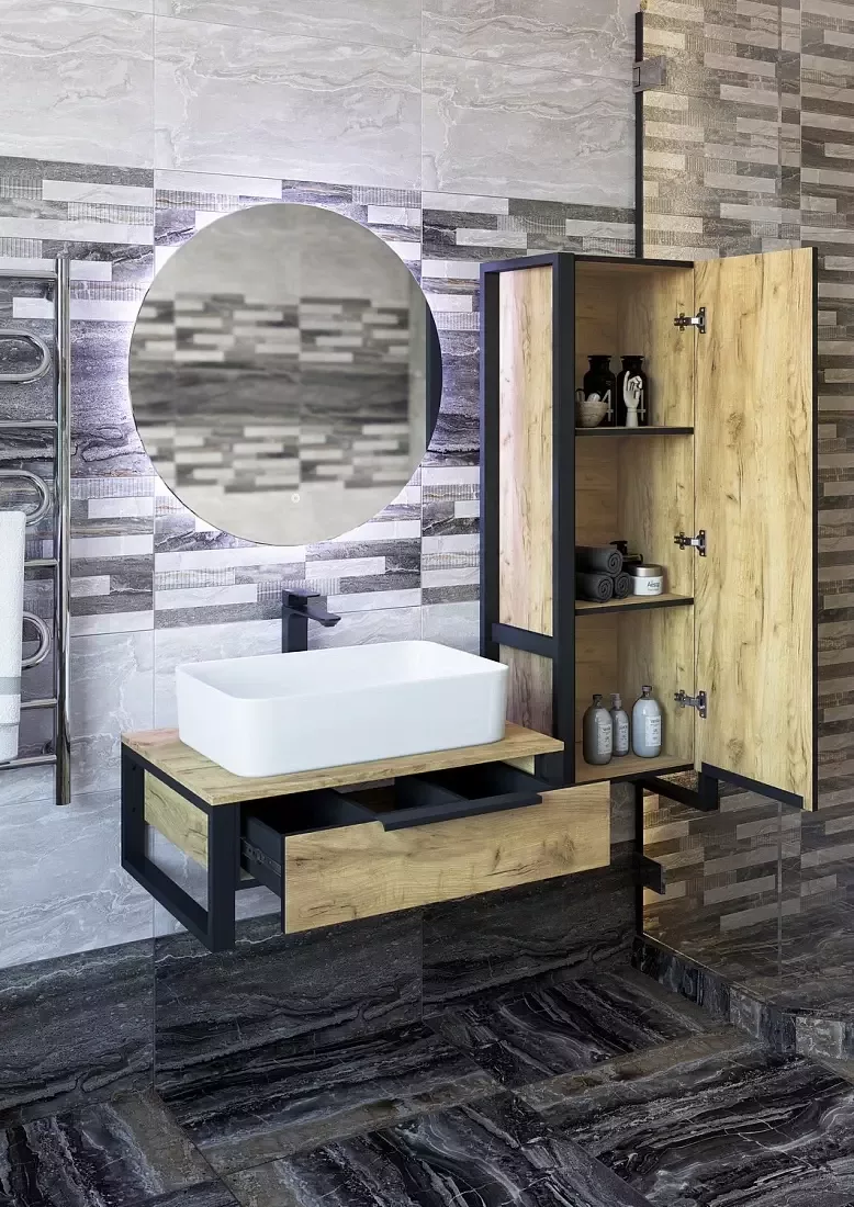 Тумба подвесная Sanflor Гард 70 с раковиной Олимпия 56, дуб крафт золотой/черный