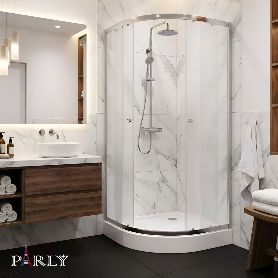 Душевой уголок Parly ZF81N  четверть круга, с низким поддоном, прозрачное стекло, хром матовый