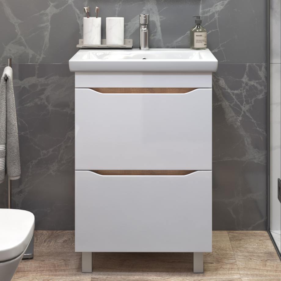 Тумба напольная Vigo Grani 600-0-2 с раковиной Элина 60, 2 ящика, дуб золотой