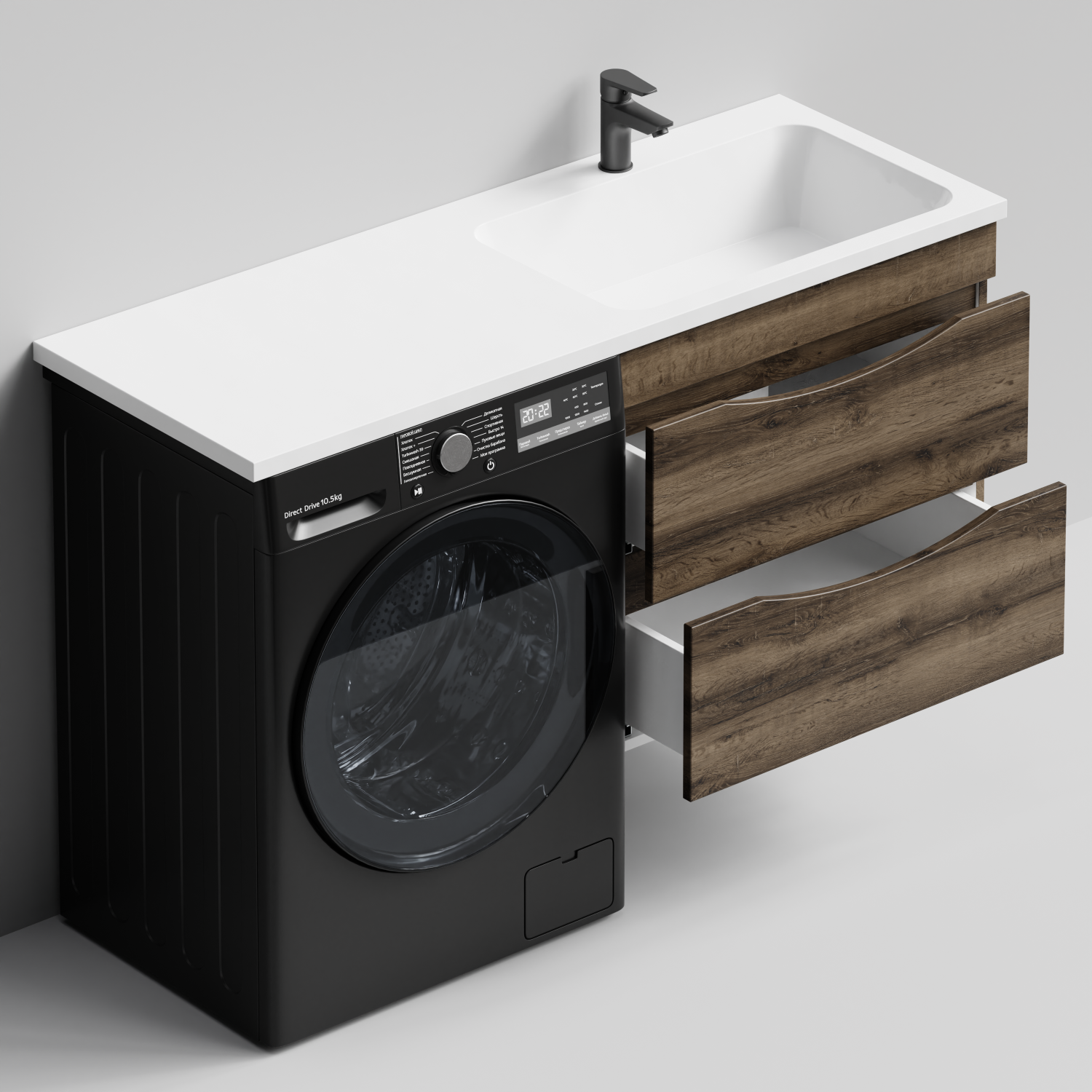 Тумба Vod-ok 68 с раковиной Смайл 130 подвесная, под стиральную машину, правая, Дуб крымский коричневый