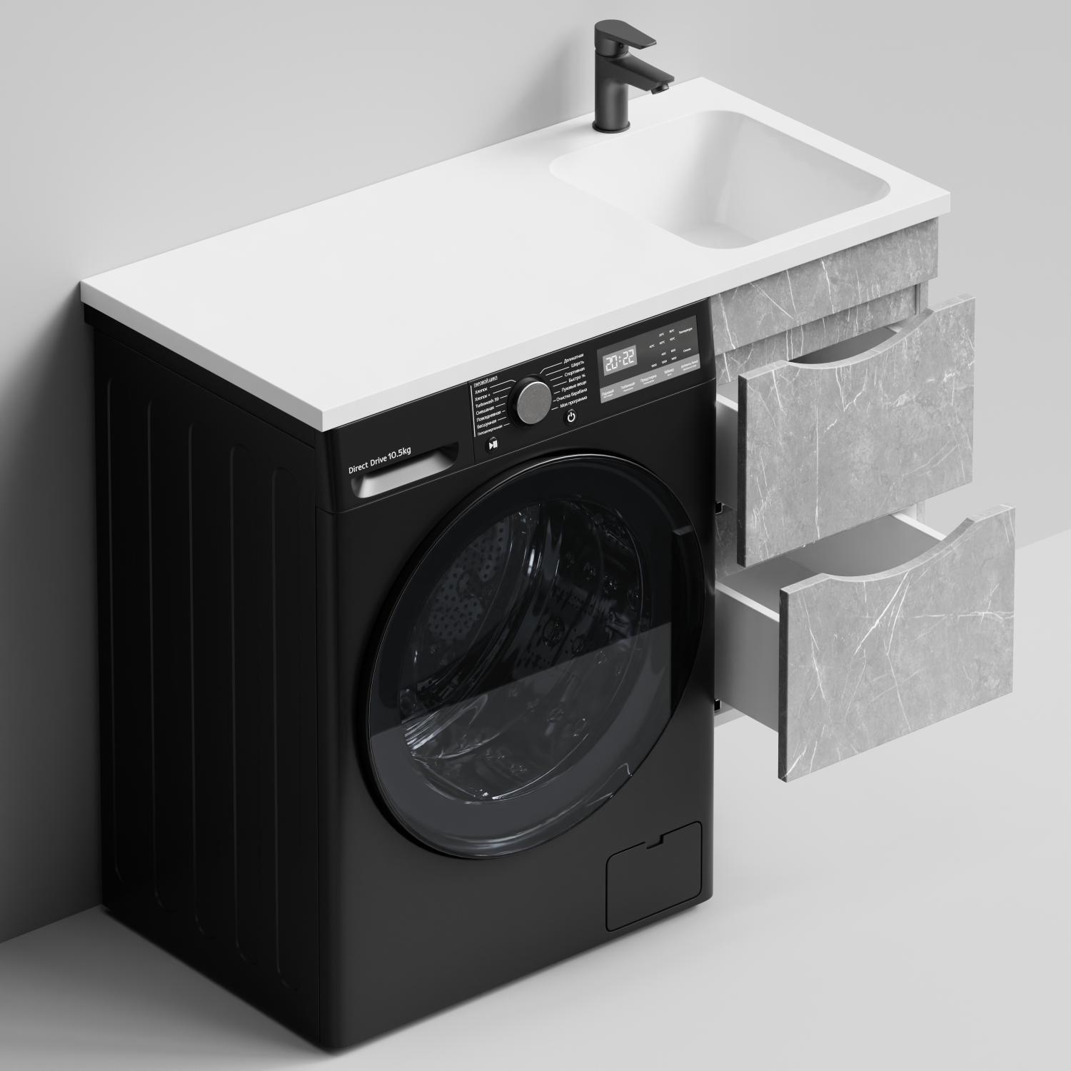 Тумба Vod-ok 38 с раковиной Смайл 100 подвесная, под стиральную машину, правая, Мрамор Белый софт тач