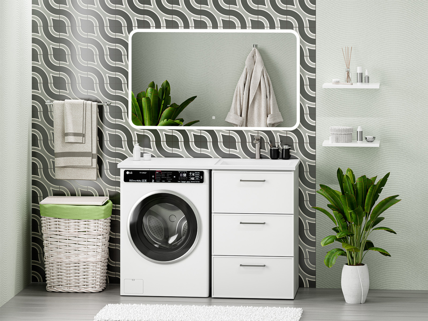 Тумба с раковиной Brevita Frame 55 под стиральную машину напольная правая (белая)