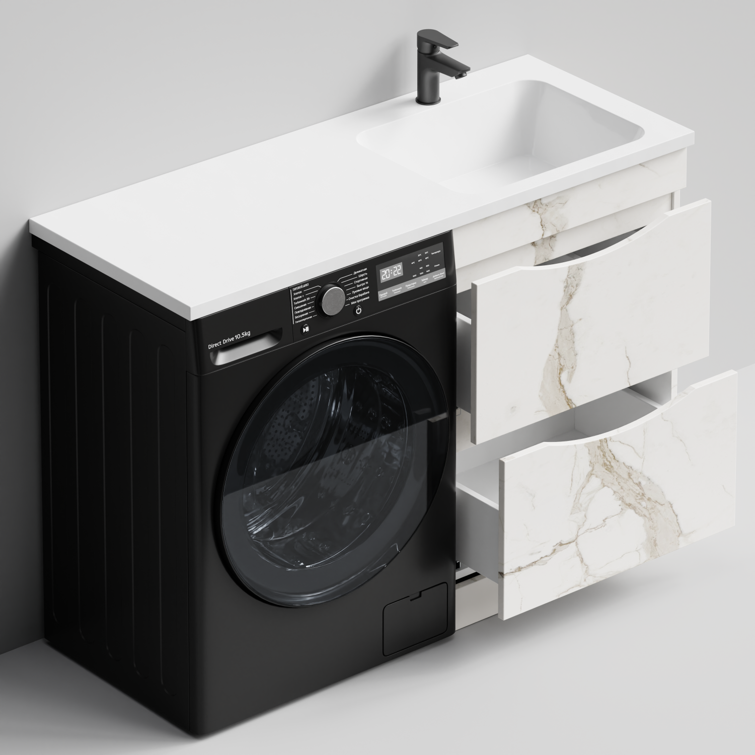 Тумба Vod-ok 58 с раковиной Смайл 120 напольная, под стиральную машину, правая, Мрамор Белый натур милк