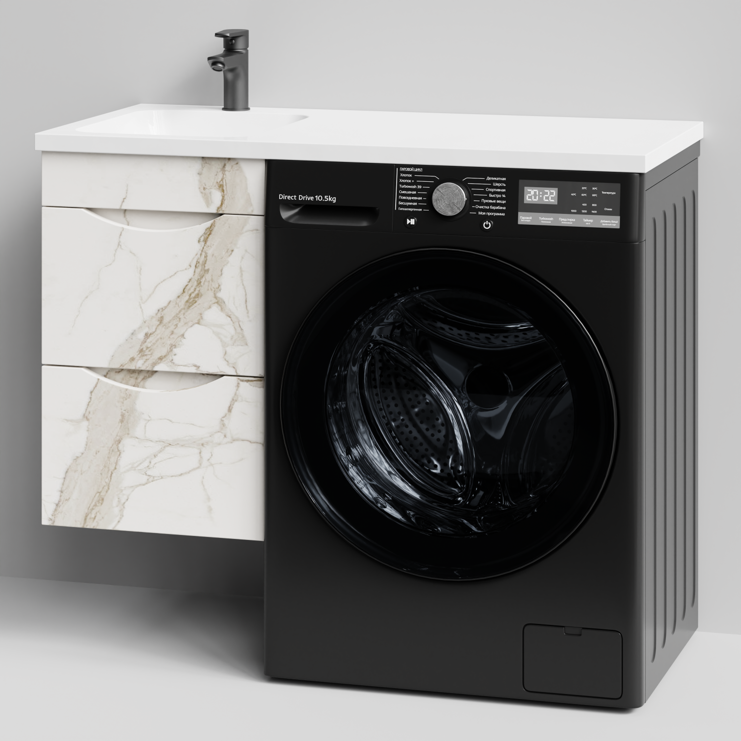 Тумба Vod-ok 38 с раковиной Смайл 100 подвесная, под стиральную машину, левая, Мрамор Белый натур милк